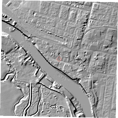 Shaded relief map of the ground around BN175BY, computed from Environment Agency LiDAR. The ground here sits at about 3 m above sea level and falls 10 m across the surrounding 800 m. Surface water reaching this point runs off ground lying to the north-north-east, 3.5 m higher.