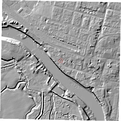Shaded relief map of the ground around BN175BZ, computed from Environment Agency LiDAR. The ground here sits at about 4 m above sea level and falls 10 m across the surrounding 800 m. Surface water reaching this point runs off ground lying to the east-north-east, 3.5 m higher.