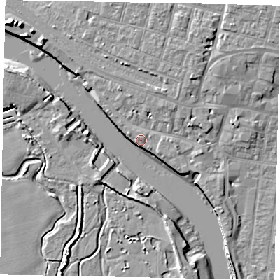 Shaded relief map of the ground around BN175DA, computed from Environment Agency LiDAR. The ground here sits at about 4 m above sea level and falls 10 m across the surrounding 800 m. Surface water reaching this point runs off ground lying to the east, 1.1 m higher.