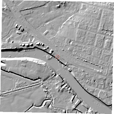 Shaded relief map of the ground around BN175DD, computed from Environment Agency LiDAR. The ground here sits at about 4 m above sea level and falls 12 m across the surrounding 800 m. Surface water reaching this point runs off ground lying to the west-north-west, 11.7 m higher.