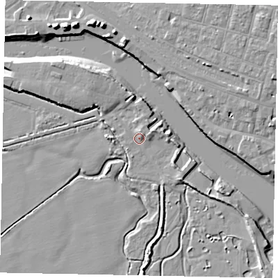 Shaded relief map of the ground around BN175DE, computed from Environment Agency LiDAR. The ground here sits at about 3 m above sea level and falls 12 m across the surrounding 800 m. Surface water reaching this point runs off ground lying to the east-north-east, 1.8 m higher.