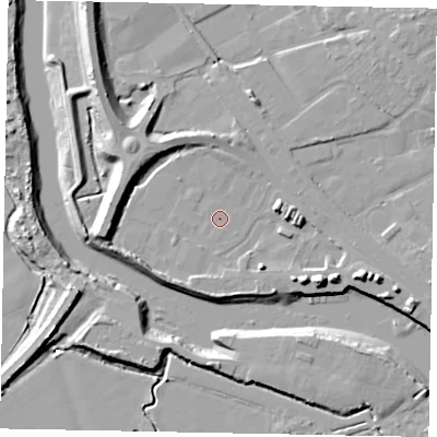 Shaded relief map of the ground around BN175DF, computed from Environment Agency LiDAR. The ground here sits at about 2 m above sea level and falls 12 m across the surrounding 800 m. Surface water reaching this point runs off ground lying to the east-south-east, 7.4 m higher.