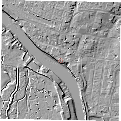 Shaded relief map of the ground around BN175DJ, computed from Environment Agency LiDAR. The ground here sits at about 4 m above sea level and falls 9 m across the surrounding 800 m. Surface water reaching this point runs off ground lying to the north-west, 6.0 m higher.