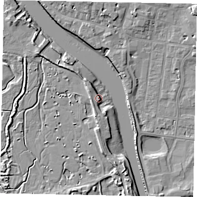Shaded relief map of the ground around BN175DL, computed from Environment Agency LiDAR. The ground here sits at about 4 m above sea level and falls 8 m across the surrounding 800 m. Surface water reaching this point runs off ground lying to the south-west, 4.5 m higher.