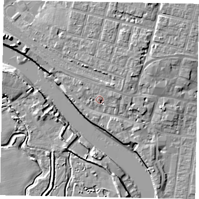 Shaded relief map of the ground around BN175DP, computed from Environment Agency LiDAR. The ground here sits at about 5 m above sea level and falls 10 m across the surrounding 800 m. Surface water reaching this point runs off ground lying to the north-north-east, 2.4 m higher.