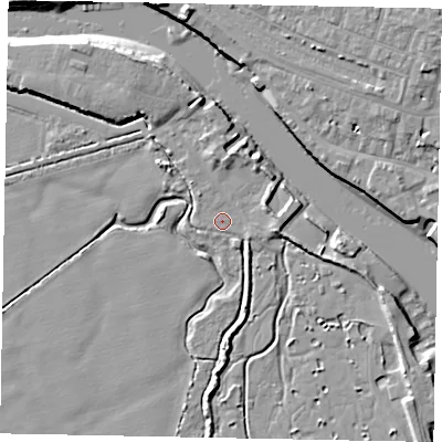 Shaded relief map of the ground around BN175DQ, computed from Environment Agency LiDAR. The ground here sits at about 2 m above sea level and falls 9 m across the surrounding 800 m. Surface water reaching this point runs off ground lying to the east, 2.4 m higher.
