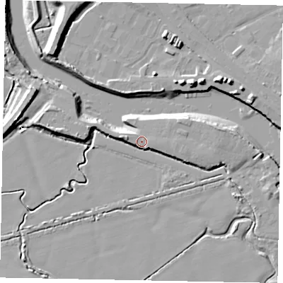Shaded relief map of the ground around BN175DS, computed from Environment Agency LiDAR. The ground here sits at about 5 m above sea level and falls 12 m across the surrounding 800 m. Surface water reaching this point runs off ground lying to the east, 5.2 m higher.