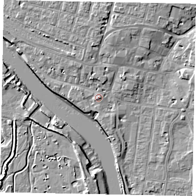Shaded relief map of the ground around BN175DT, computed from Environment Agency LiDAR. The ground here sits at about 4 m above sea level and falls 9 m across the surrounding 800 m. Surface water reaching this point runs off ground lying to the south-west, 1.5 m higher.