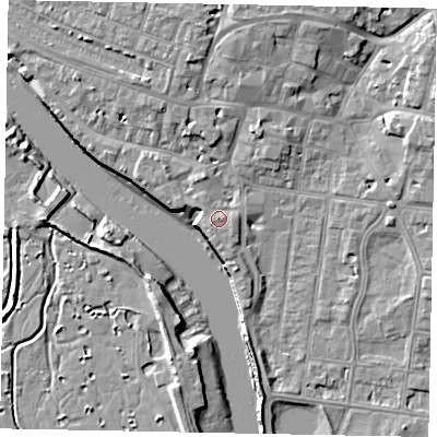Shaded relief map of the ground around BN175DU, computed from Environment Agency LiDAR. The ground here sits at about 4 m above sea level and falls 9 m across the surrounding 800 m. Surface water reaching this point runs off ground lying to the south, 1.2 m higher.