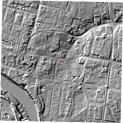 Shaded relief map of the ground around BN175DX, computed from Environment Agency LiDAR. The ground here sits at about 3 m above sea level and falls 10 m across the surrounding 800 m. Surface water reaching this point runs off ground lying to the north-north-west, 2.5 m higher.