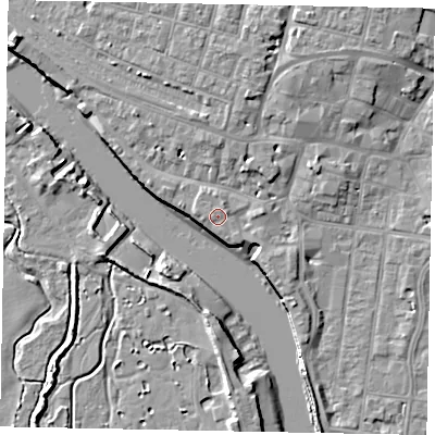 Shaded relief map of the ground around BN175DZ, computed from Environment Agency LiDAR. The ground here sits at about 4 m above sea level and falls 9 m across the surrounding 800 m. Surface water reaching this point runs off ground lying to the east-north-east, 0.7 m higher.