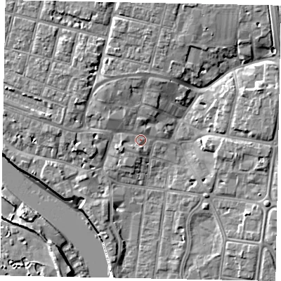 Shaded relief map of the ground around BN175EA, computed from Environment Agency LiDAR. The ground here sits at about 4 m above sea level and falls 10 m across the surrounding 800 m. Surface water reaching this point runs off ground lying to the north, 4.7 m higher.