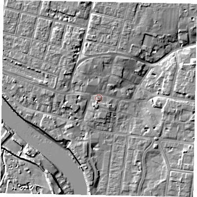 Shaded relief map of the ground around BN175ED, computed from Environment Agency LiDAR. The ground here sits at about 5 m above sea level and falls 10 m across the surrounding 800 m. Surface water reaching this point runs off ground lying to the north-north-east, 4.7 m higher.