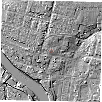 Shaded relief map of the ground around BN175EG, computed from Environment Agency LiDAR. The ground here sits at about 6 m above sea level and falls 10 m across the surrounding 800 m. The ground contributing surface water to this point lies to the north-west.
