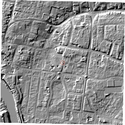 Shaded relief map of the ground around BN175EH, computed from Environment Agency LiDAR. The ground here sits at about 4 m above sea level and falls 10 m across the surrounding 800 m. Surface water reaching this point runs off ground lying to the north-east, 3.7 m higher.