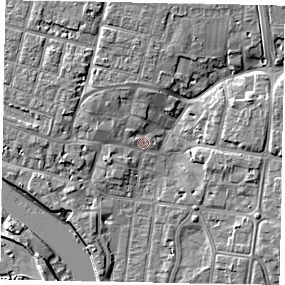 Shaded relief map of the ground around BN175EJ, computed from Environment Agency LiDAR. The ground here sits at about 4 m above sea level and falls 10 m across the surrounding 800 m. Surface water reaching this point runs off ground lying to the north, 4.8 m higher.