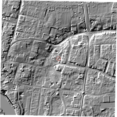 Shaded relief map of the ground around BN175EL, computed from Environment Agency LiDAR. The ground here sits at about 4 m above sea level and falls 11 m across the surrounding 800 m. Surface water reaching this point runs off ground lying to the north-east, 3.1 m higher.