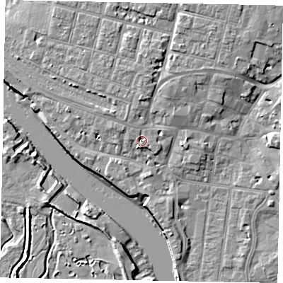 Shaded relief map of the ground around BN175FB, computed from Environment Agency LiDAR. The ground here sits at about 5 m above sea level and falls 10 m across the surrounding 800 m. Surface water reaching this point runs off ground lying to the north-west, 2.1 m higher.