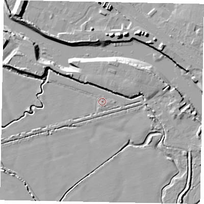 Shaded relief map of the ground around BN175FD, computed from Environment Agency LiDAR. The ground here sits at about 2 m above sea level and falls 12 m across the surrounding 800 m. Surface water reaching this point runs off ground lying to the south, 0.8 m higher.