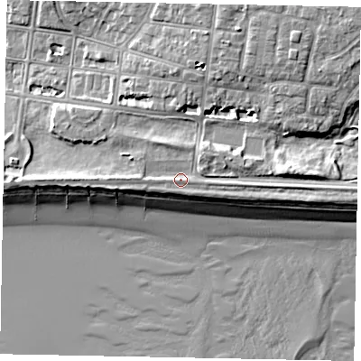 Shaded relief map of the ground around BN175GB, computed from Environment Agency LiDAR. The ground here sits at about 5 m above sea level and falls 10 m across the surrounding 800 m. Surface water reaching this point runs off ground lying to the west, 1.0 m higher.