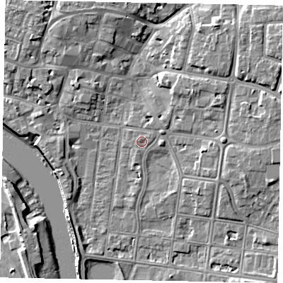 Shaded relief map of the ground around BN175HJ, computed from Environment Agency LiDAR. The ground here sits at about 3 m above sea level and falls 10 m across the surrounding 800 m. Surface water reaching this point runs off ground lying to the east-north-east, 0.8 m higher.