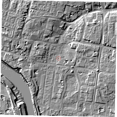 Shaded relief map of the ground around BN175HL, computed from Environment Agency LiDAR. The ground here sits at about 2 m above sea level and falls 9 m across the surrounding 800 m. Surface water reaching this point runs off ground lying to the north-east, 6.0 m higher.