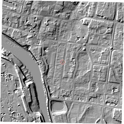 Shaded relief map of the ground around BN175HN, computed from Environment Agency LiDAR. The ground here sits at about 2 m above sea level and falls 9 m across the surrounding 800 m. Surface water reaching this point runs off ground lying to the east-north-east, 5.0 m higher.