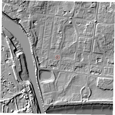 Shaded relief map of the ground around BN175HP, computed from Environment Agency LiDAR. The ground here sits at about 2 m above sea level and falls 9 m across the surrounding 800 m. Surface water reaching this point runs off ground lying to the east-north-east, 4.8 m higher.