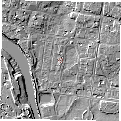 Shaded relief map of the ground around BN175HS, computed from Environment Agency LiDAR. The ground here sits at about 3 m above sea level and falls 9 m across the surrounding 800 m. Surface water reaching this point runs off ground lying to the north-east, 6.3 m higher.