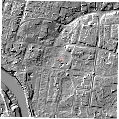 Shaded relief map of the ground around BN175HT, computed from Environment Agency LiDAR. The ground here sits at about 3 m above sea level and falls 10 m across the surrounding 800 m. Surface water reaching this point runs off ground lying to the east-north-east, 3.9 m higher.