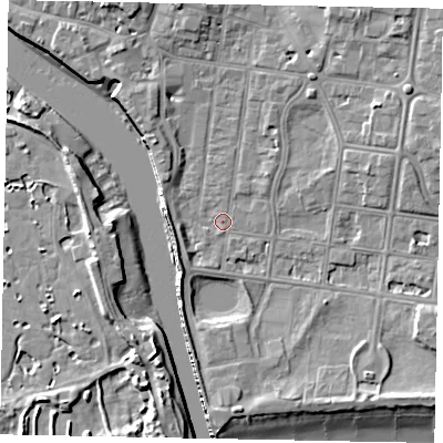 Shaded relief map of the ground around BN175HW, computed from Environment Agency LiDAR. The ground here sits at about 2 m above sea level and falls 8 m across the surrounding 800 m. Surface water reaching this point runs off ground lying to the north-east, 4.8 m higher.