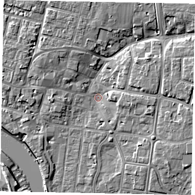 Shaded relief map of the ground around BN175HY, computed from Environment Agency LiDAR. The ground here sits at about 2 m above sea level and falls 10 m across the surrounding 800 m. Surface water reaching this point runs off ground lying to the north-east, 6.3 m higher.