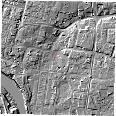 Shaded relief map of the ground around BN175HZ, computed from Environment Agency LiDAR. The ground here sits at about 3 m above sea level and falls 10 m across the surrounding 800 m. Surface water reaching this point runs off ground lying to the north-east, 6.5 m higher.