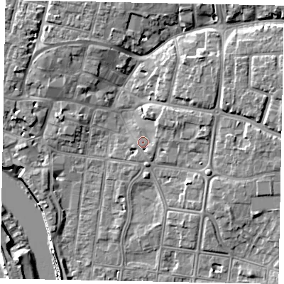 Shaded relief map of the ground around BN175JA, computed from Environment Agency LiDAR. The ground here sits at about 3 m above sea level and falls 10 m across the surrounding 800 m. Surface water reaching this point runs off ground lying to the north-east, 3.7 m higher.