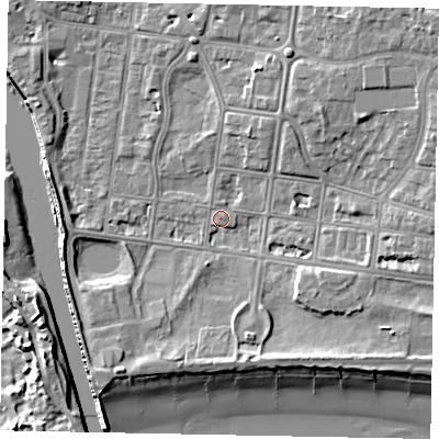 Shaded relief map of the ground around BN175JF, computed from Environment Agency LiDAR. The ground here sits at about 2 m above sea level and falls 9 m across the surrounding 800 m. Surface water reaching this point runs off ground lying to the north-east, 6.1 m higher.