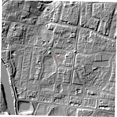 Shaded relief map of the ground around BN175JG, computed from Environment Agency LiDAR. The ground here sits at about 3 m above sea level and falls 10 m across the surrounding 800 m. Surface water reaching this point runs off ground lying to the north-east, 5.6 m higher.