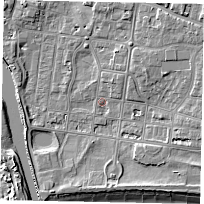 Shaded relief map of the ground around BN175JH, computed from Environment Agency LiDAR. The ground here sits at about 2 m above sea level and falls 10 m across the surrounding 800 m. Surface water reaching this point runs off ground lying to the north-east, 6.1 m higher.