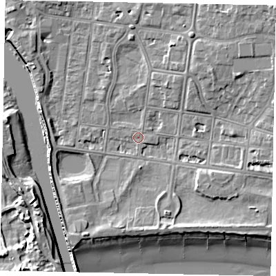 Shaded relief map of the ground around BN175JJ, computed from Environment Agency LiDAR. The ground here sits at about 2 m above sea level and falls 9 m across the surrounding 800 m. Surface water reaching this point runs off ground lying to the north-east, 5.7 m higher.