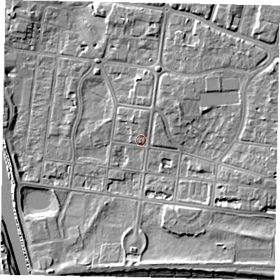 Shaded relief map of the ground around BN175JP, computed from Environment Agency LiDAR. The ground here sits at about 3 m above sea level and falls 10 m across the surrounding 800 m. Surface water reaching this point runs off ground lying to the north-north-east, 2.1 m higher.