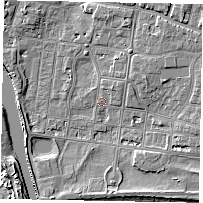 Shaded relief map of the ground around BN175JQ, computed from Environment Agency LiDAR. The ground here sits at about 3 m above sea level and falls 10 m across the surrounding 800 m. Surface water reaching this point runs off ground lying to the east-north-east, 6.1 m higher.