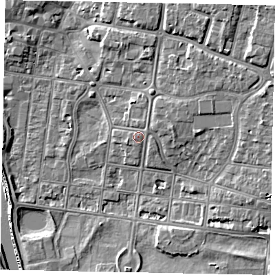 Shaded relief map of the ground around BN175JR, computed from Environment Agency LiDAR. The ground here sits at about 5 m above sea level and falls 10 m across the surrounding 800 m. Surface water reaching this point runs off ground lying to the west-north-west, 0.6 m higher.