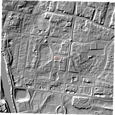 Shaded relief map of the ground around BN175JS, computed from Environment Agency LiDAR. The ground here sits at about 4 m above sea level and falls 10 m across the surrounding 800 m. Surface water reaching this point runs off ground lying to the east-north-east, 1.9 m higher.