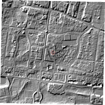 Shaded relief map of the ground around BN175JU, computed from Environment Agency LiDAR. The ground here sits at about 5 m above sea level and falls 7 m across the surrounding 800 m. Surface water reaching this point runs off ground lying to the north-east, 3.5 m higher.