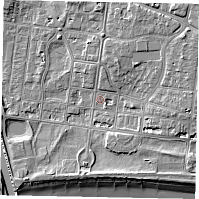 Shaded relief map of the ground around BN175JW, computed from Environment Agency LiDAR. The ground here sits at about 3 m above sea level and falls 10 m across the surrounding 800 m. Surface water reaching this point runs off ground lying to the north, 2.5 m higher.