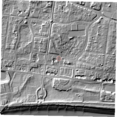 Shaded relief map of the ground around BN175JY, computed from Environment Agency LiDAR. The ground here sits at about 3 m above sea level and falls 9 m across the surrounding 800 m. Surface water reaching this point runs off ground lying to the north-east, 5.8 m higher.