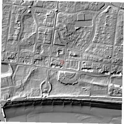 Shaded relief map of the ground around BN175JZ, computed from Environment Agency LiDAR. The ground here sits at about 3 m above sea level and falls 10 m across the surrounding 800 m. Surface water reaching this point runs off ground lying to the east-south-east, 1.9 m higher.