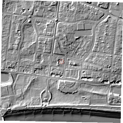 Shaded relief map of the ground around BN175LA, computed from Environment Agency LiDAR. The ground here sits at about 3 m above sea level and falls 10 m across the surrounding 800 m. Surface water reaching this point runs off ground lying to the west-south-west, 1.8 m higher.