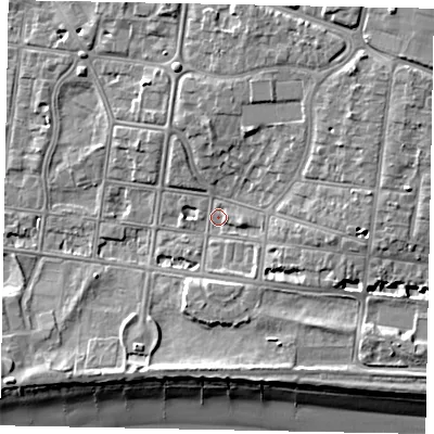 Shaded relief map of the ground around BN175LB, computed from Environment Agency LiDAR. The ground here sits at about 3 m above sea level and falls 9 m across the surrounding 800 m. Surface water reaching this point runs off ground lying to the north-east, 5.8 m higher.
