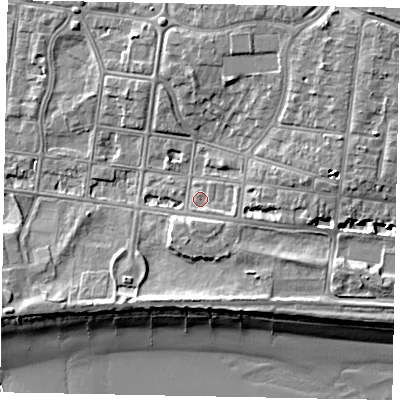 Shaded relief map of the ground around BN175LD, computed from Environment Agency LiDAR. The ground here sits at about 3 m above sea level and falls 10 m across the surrounding 800 m. Surface water reaching this point runs off ground lying to the east-south-east, 1.6 m higher.