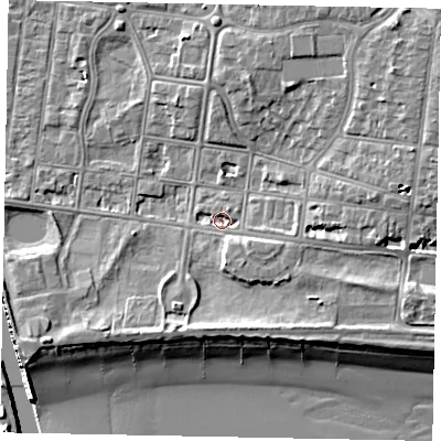Shaded relief map of the ground around BN175LE, computed from Environment Agency LiDAR. The ground here sits at about 2 m above sea level and falls 10 m across the surrounding 800 m. Surface water reaching this point runs off ground lying to the south-east, 2.3 m higher.